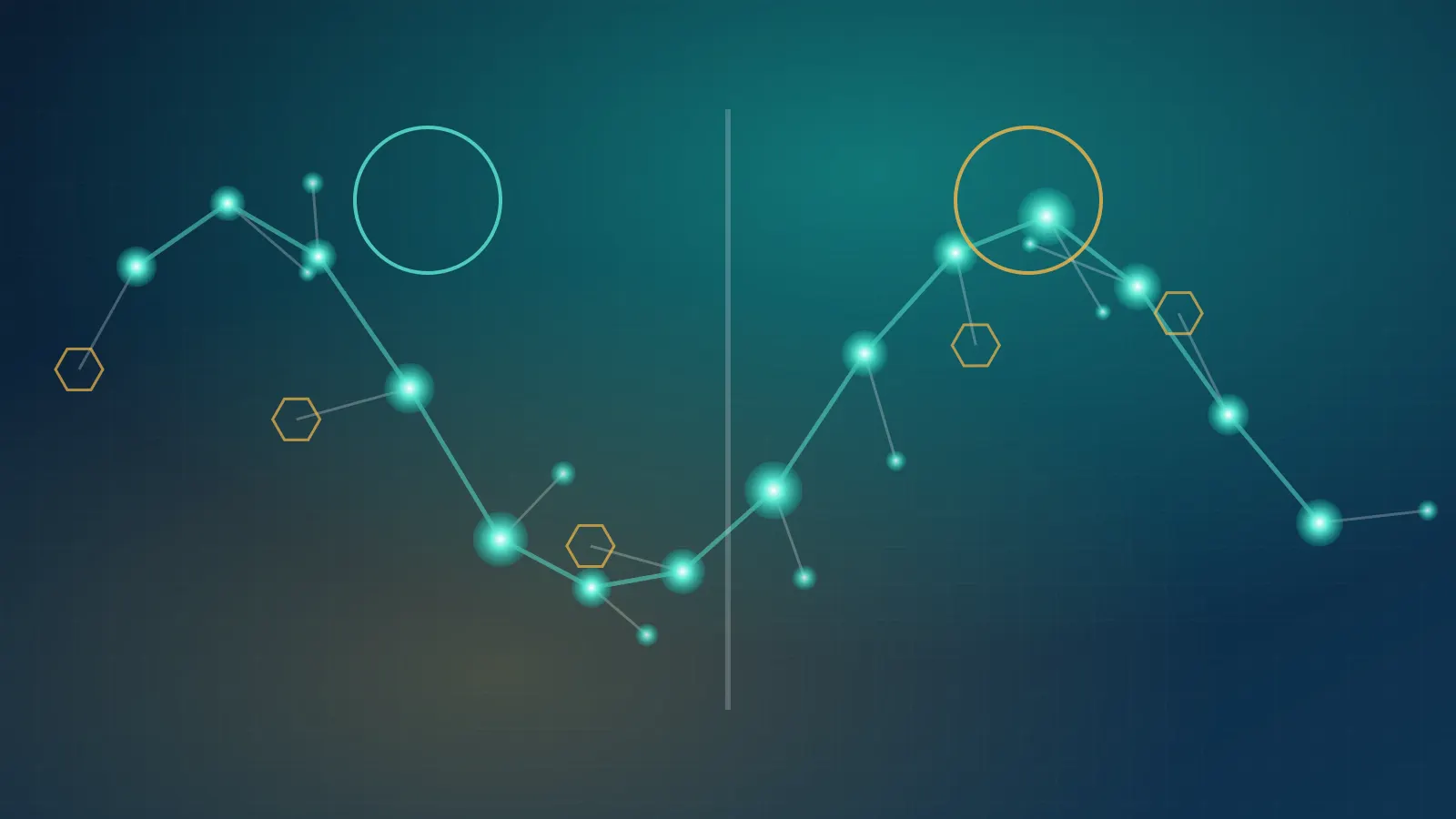 Abstract illustration of a peptide chain divided into two sides, representing compounded versus FDA-approved drugs